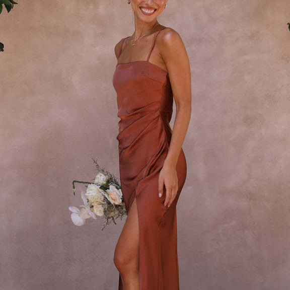 Women’s Satin Bridesmaid Maxi Dress with Spaghetti Straps and Side Slit