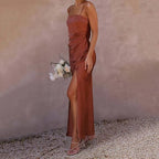 Women’s Satin Bridesmaid Maxi Dress with Spaghetti Straps and Side Slit