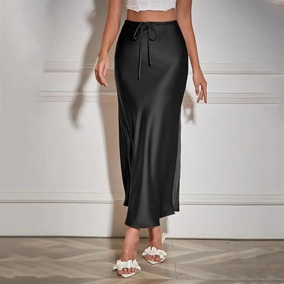 Women’s Satin Maxi Skirt with Drawstring Waist