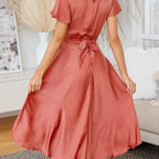 Women’s Satin Midi Summer Dress with Twist Front and Flutter Sleeve