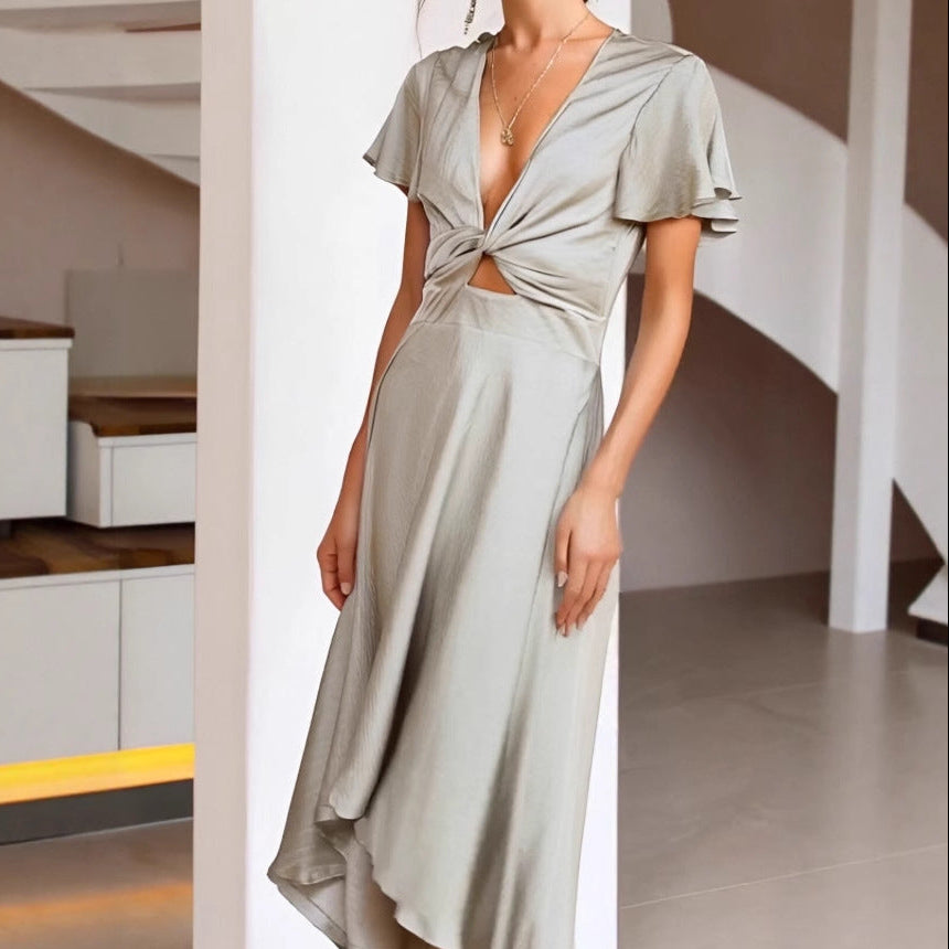Women’s Satin Midi Summer Dress with Twist Front and Flutter Sleeve