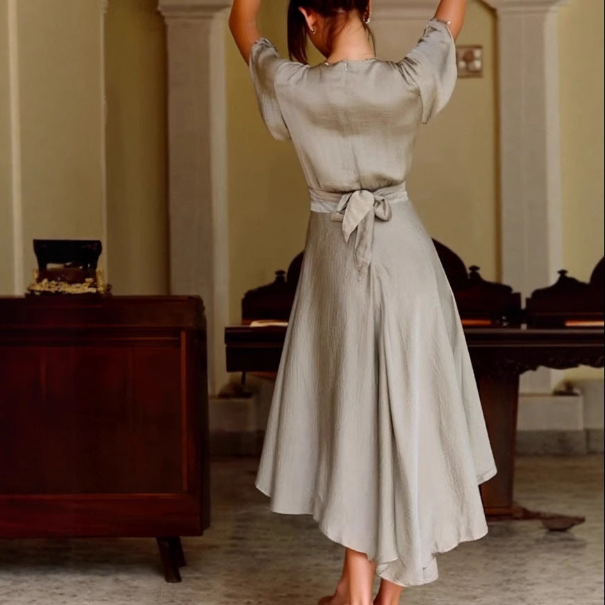 Women’s Satin Midi Summer Dress with Twist Front and Flutter Sleeve