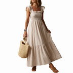 Women’s Shirred Maxi Dress with Ruffle Sleeves and Tiered Skirt