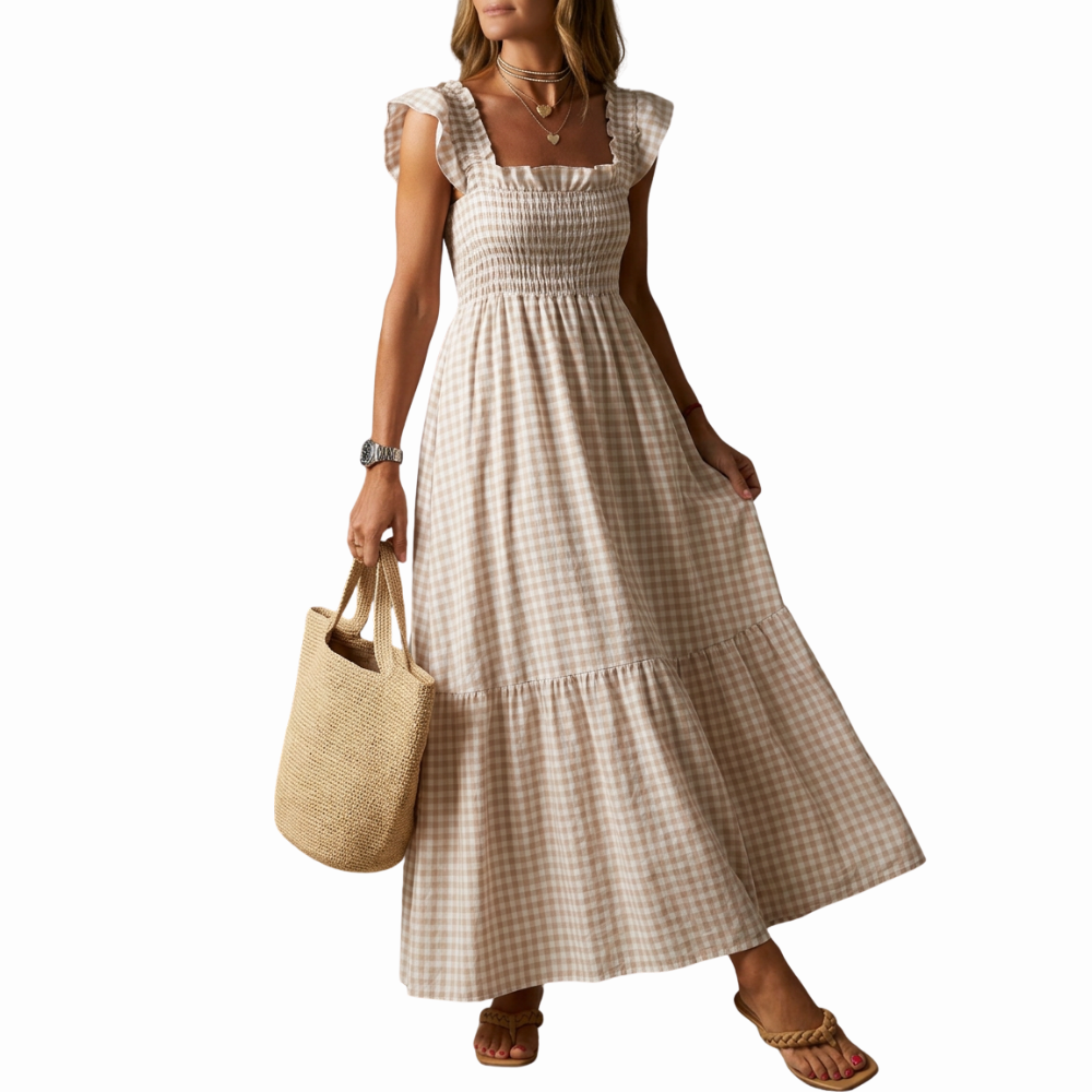 Women’s Shirred Maxi Dress with Ruffle Sleeves and Tiered Skirt