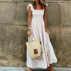 Women’s Shirred Maxi Dress with Ruffle Sleeves and Tiered Skirt