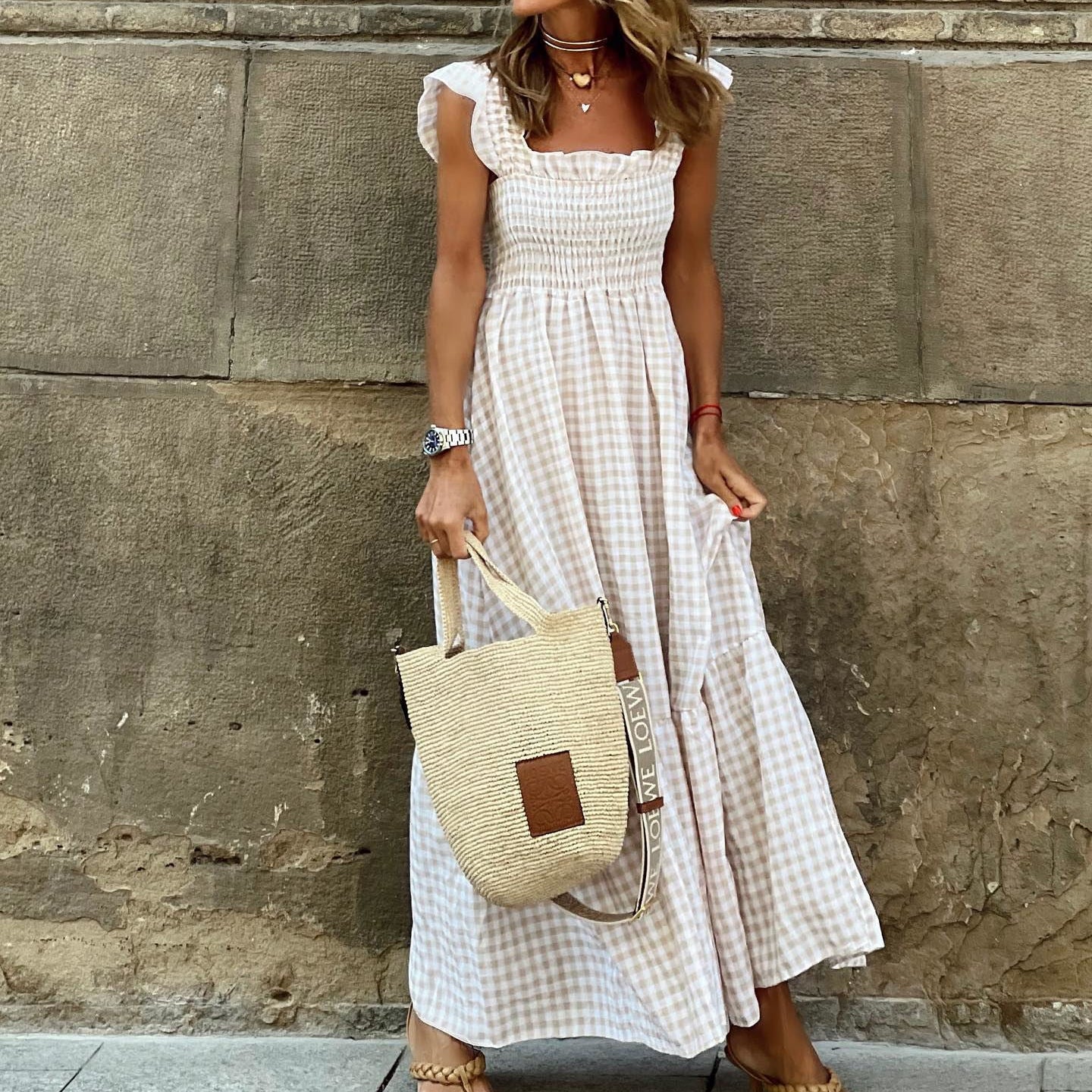 Women’s Shirred Maxi Dress with Ruffle Sleeves and Tiered Skirt