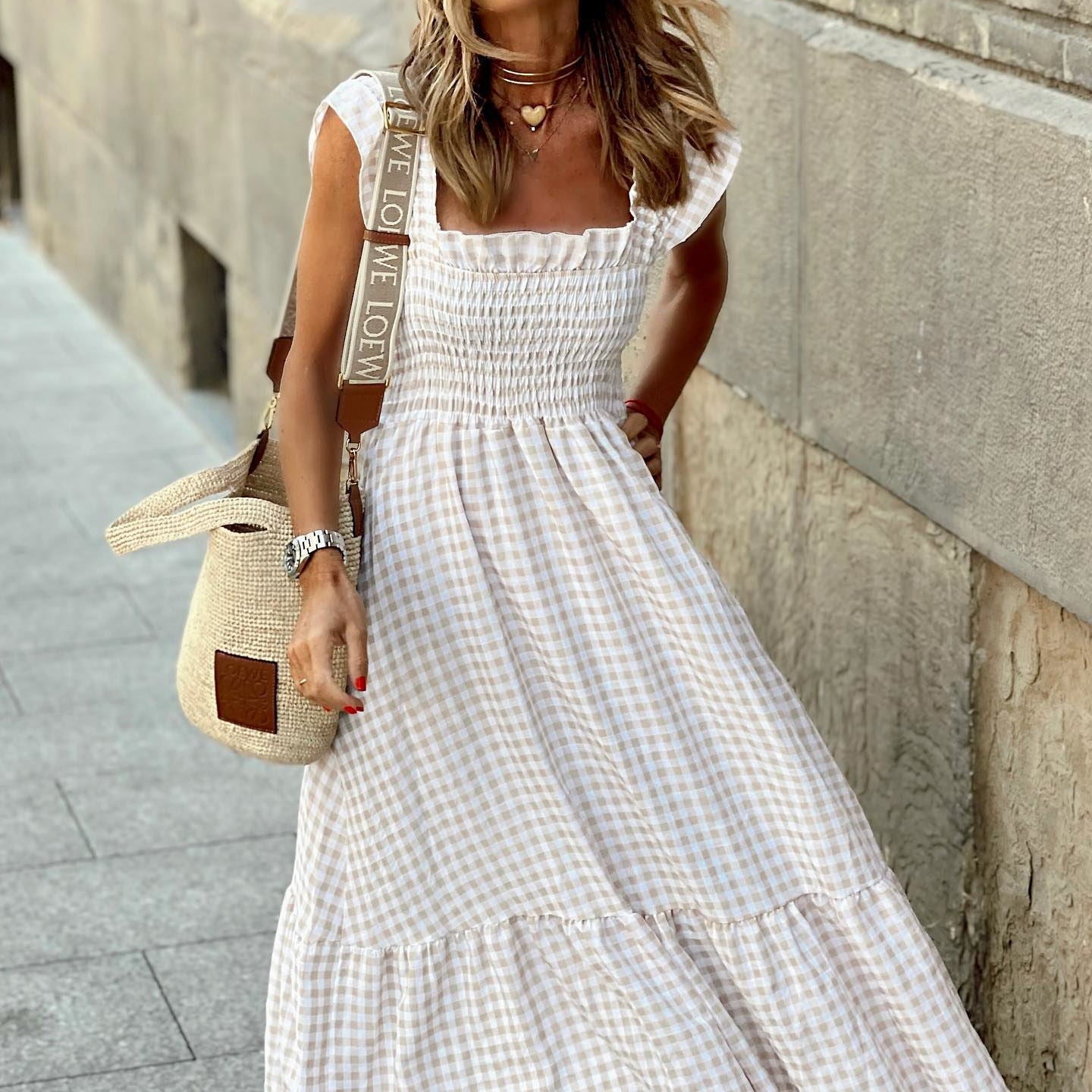 Women’s Shirred Maxi Dress with Ruffle Sleeves and Tiered Skirt