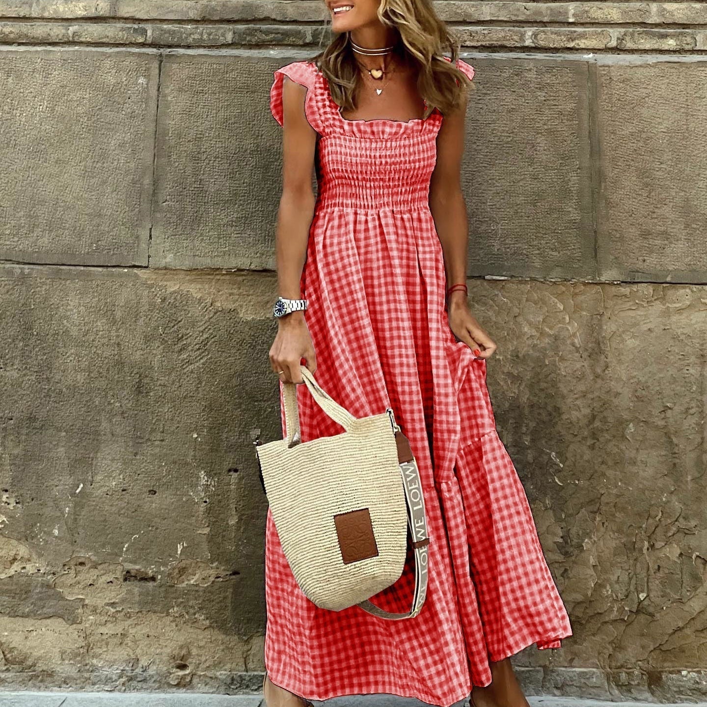Women’s Shirred Maxi Dress with Ruffle Sleeves and Tiered Skirt