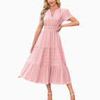 Women’s Shirred Waist Midi Dress with V Neck