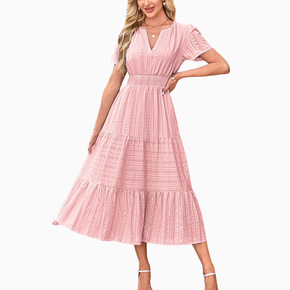 Women’s Shirred Waist Midi Dress with V Neck