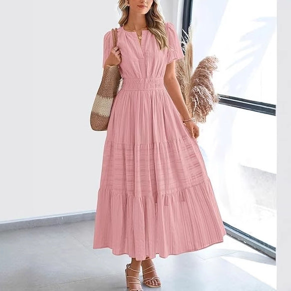 Women’s Shirred Waist Midi Dress with V Neck