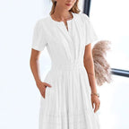 Women’s Shirred Waist Midi Dress with V Neck