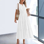 Women’s Shirred Waist Midi Dress with V Neck