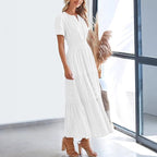 Women’s Shirred Waist Midi Dress with V Neck