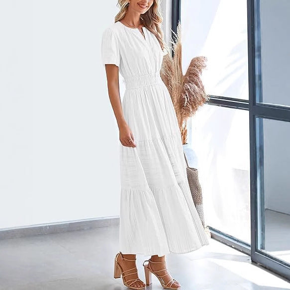 Women’s Shirred Waist Midi Dress with V Neck