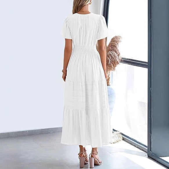 Women’s Shirred Waist Midi Dress with V Neck