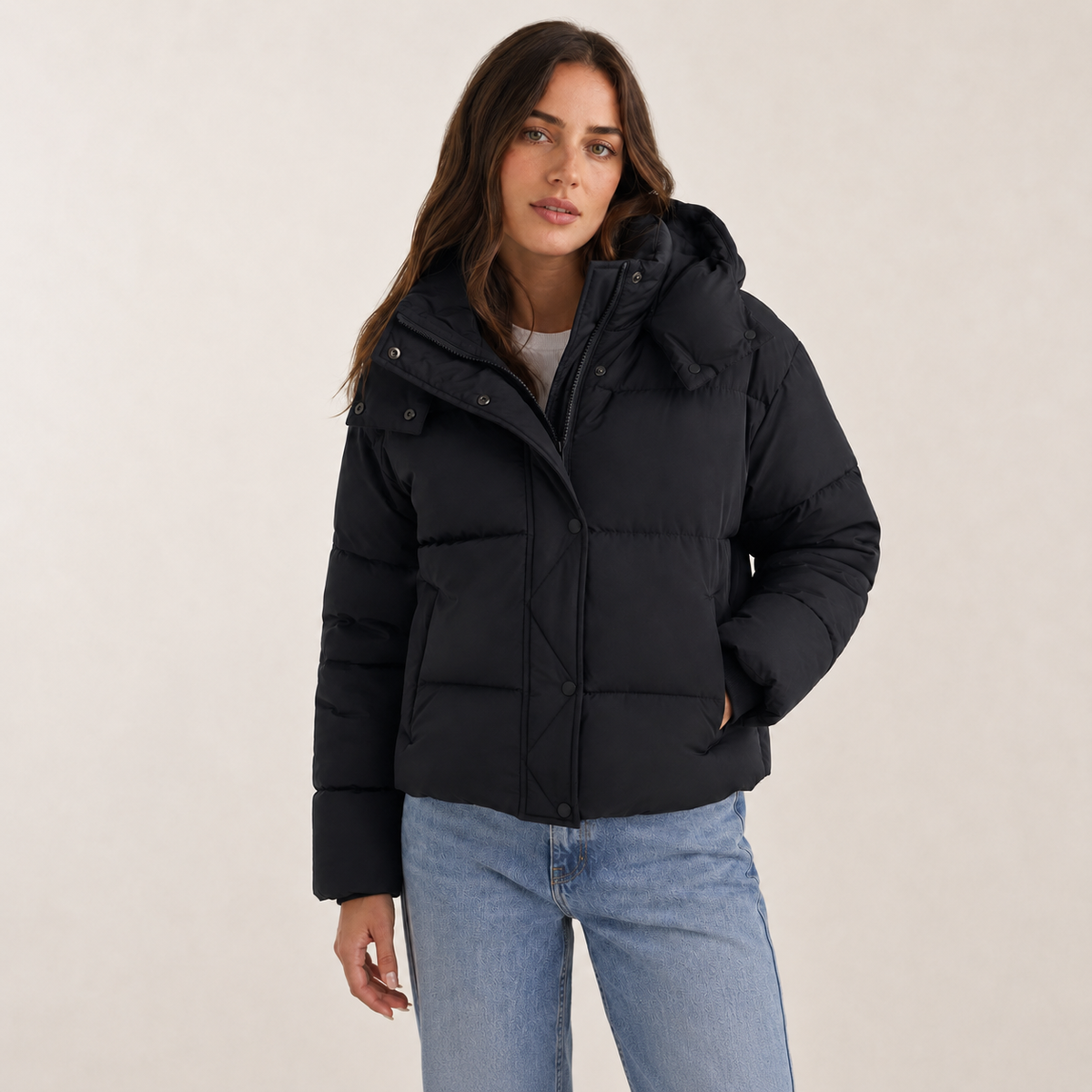 Women’s Short Winter Puffer Jacket with Removable Hood