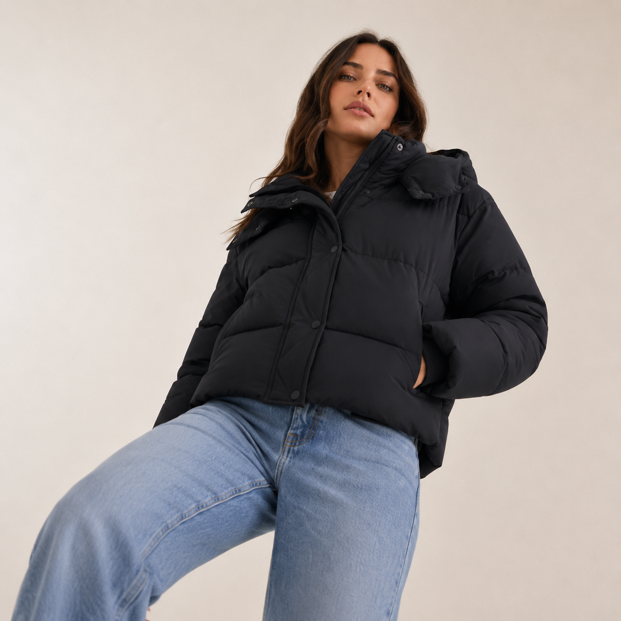 Women’s Short Winter Puffer Jacket with Removable Hood