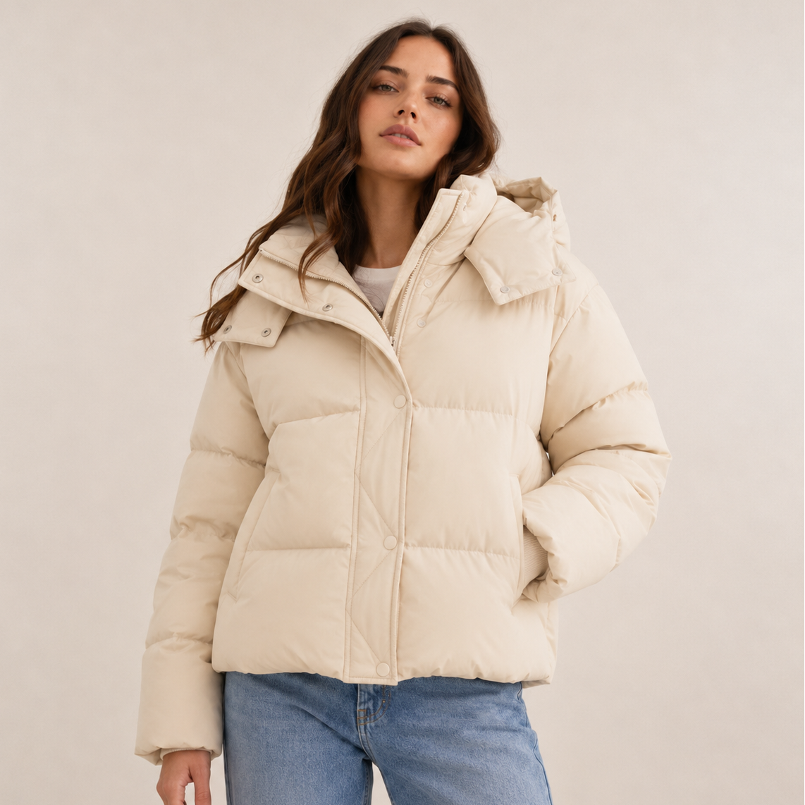 Women’s Short Winter Puffer Jacket with Removable Hood