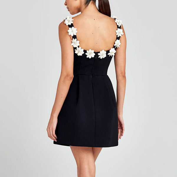 Women’s Sleeveless Mini Dress with Floral Strap and Pockets