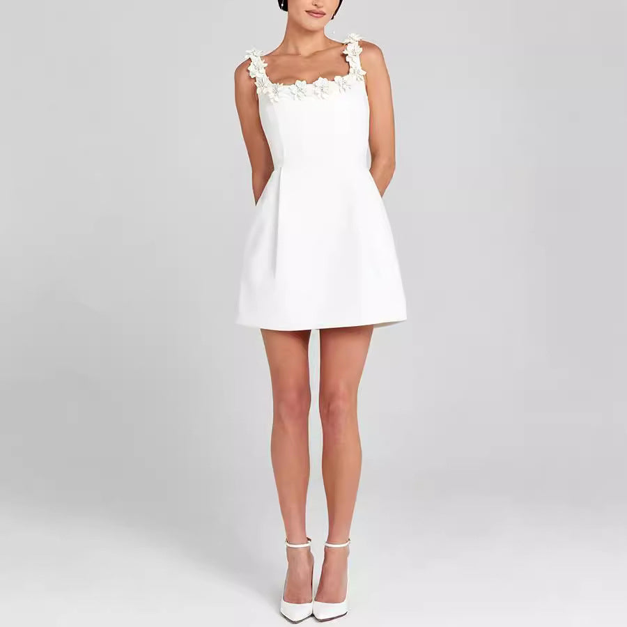 Women’s Sleeveless Mini Dress with Floral Strap and Pockets