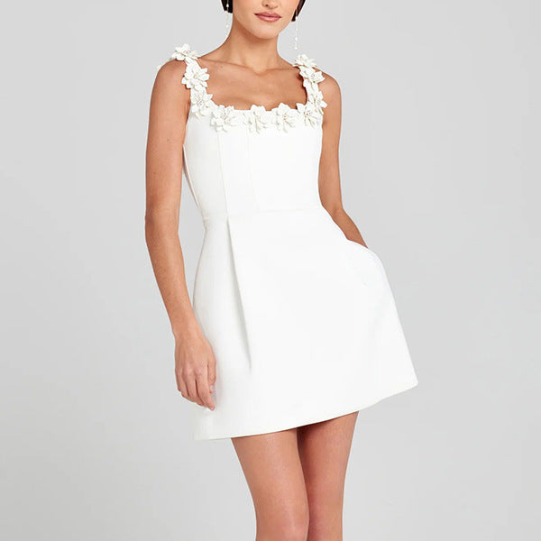 Women’s Sleeveless Mini Dress with Floral Strap and Pockets