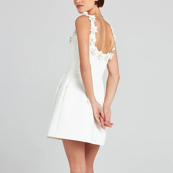 Women’s Sleeveless Mini Dress with Floral Strap and Pockets