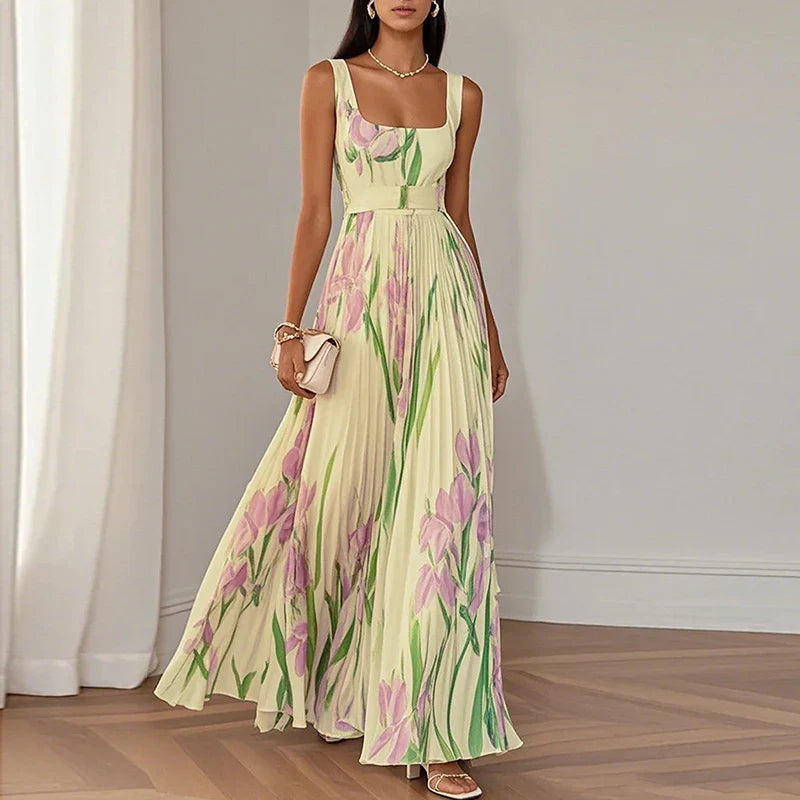 Women’s Sleeveless Pleated Maxi Dress with Defined Waist