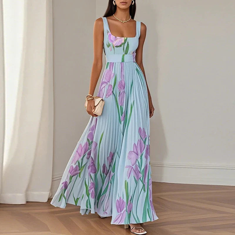 Women’s Sleeveless Pleated Maxi Dress with Defined Waist
