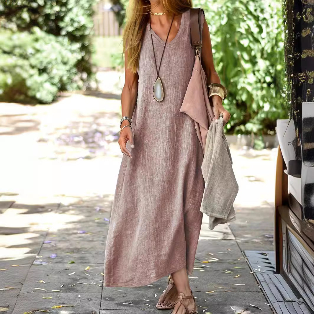 Women’s Sleeveless Summer Midi Dress with V-Neck
