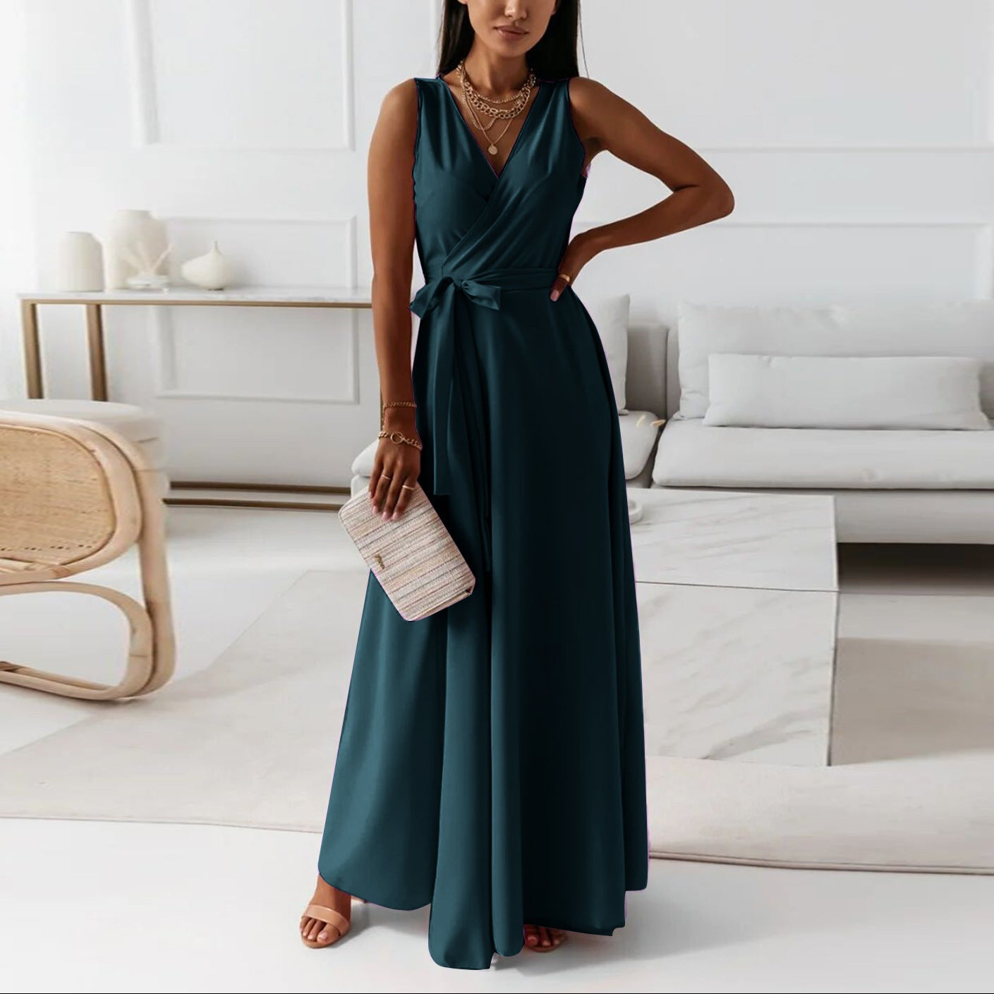 Women’s Sleeveless Wrap V-Neck Maxi Wedding Guest Dress