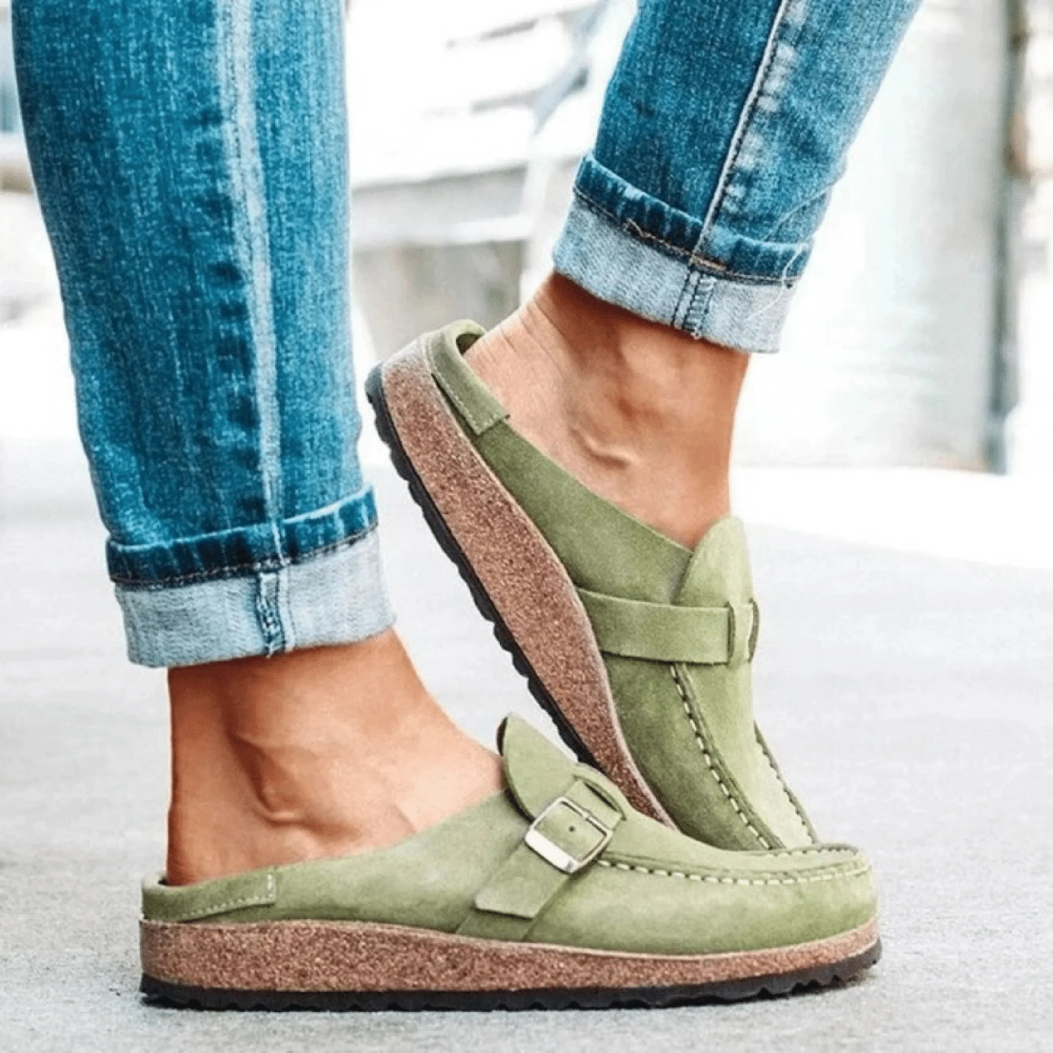 Women’s Slip-On Flat Sandals with Buckle Detail