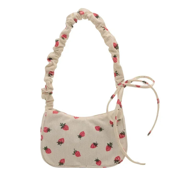 Women’s Small Corduroy Shoulder Bag with Strawberry Print