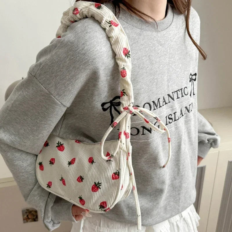 Women’s Small Corduroy Shoulder Bag with Strawberry Print