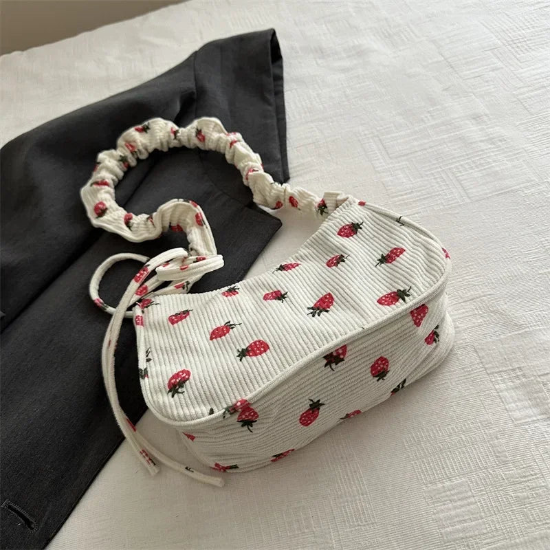 Women’s Small Corduroy Shoulder Bag with Strawberry Print
