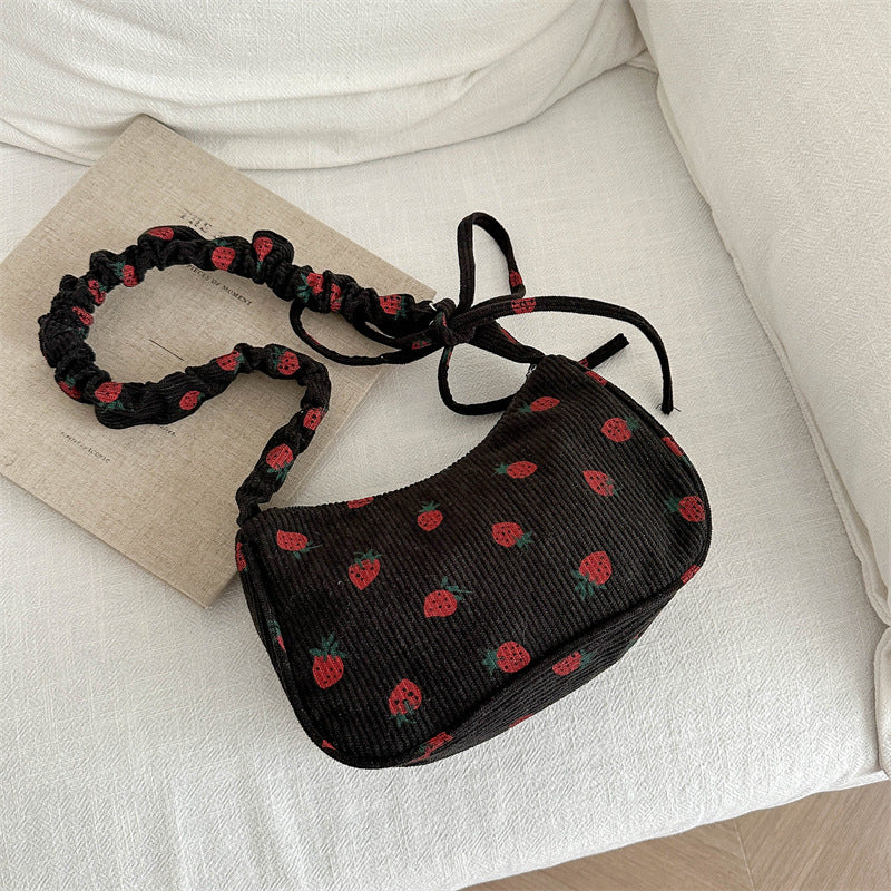 Women’s Small Corduroy Shoulder Bag with Strawberry Print