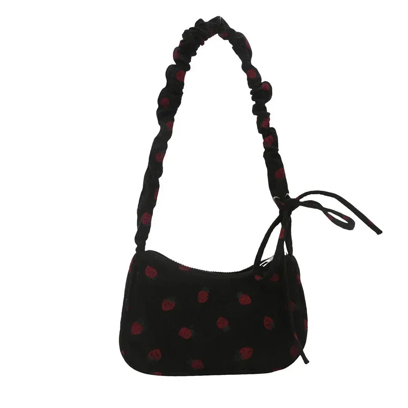 Women’s Small Corduroy Shoulder Bag with Strawberry Print