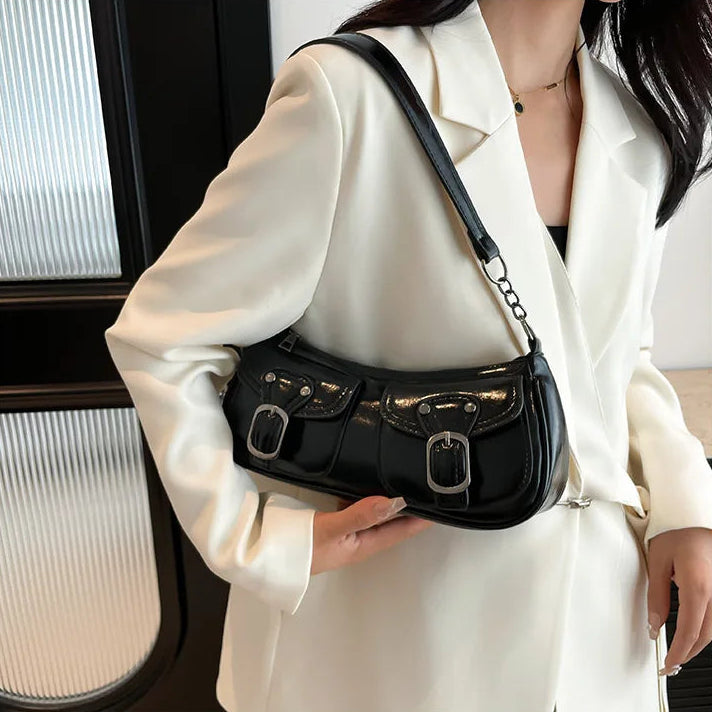 Women’s Small PU Leather Shoulder Bag with Buckle Detail