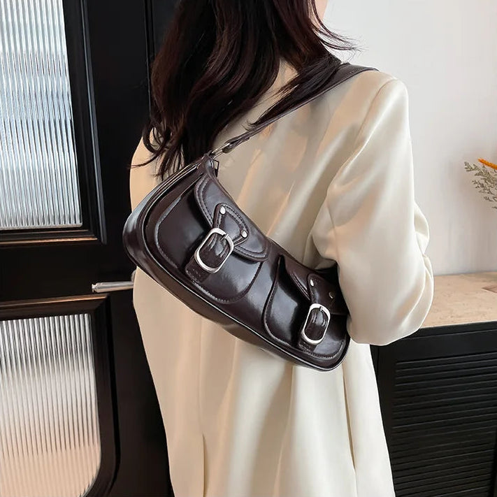 Women’s Small PU Leather Shoulder Bag with Buckle Detail