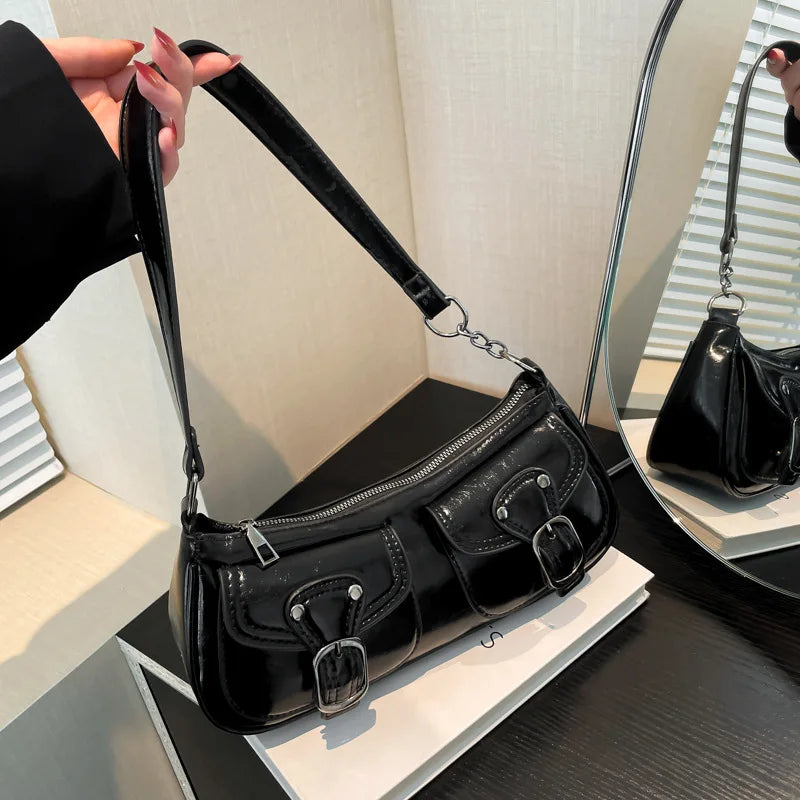 Women’s Small PU Leather Shoulder Bag with Buckle Detail