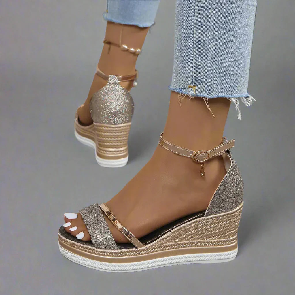 Women’s Sparkly Summer Wedge Sandals with Ankle Strap