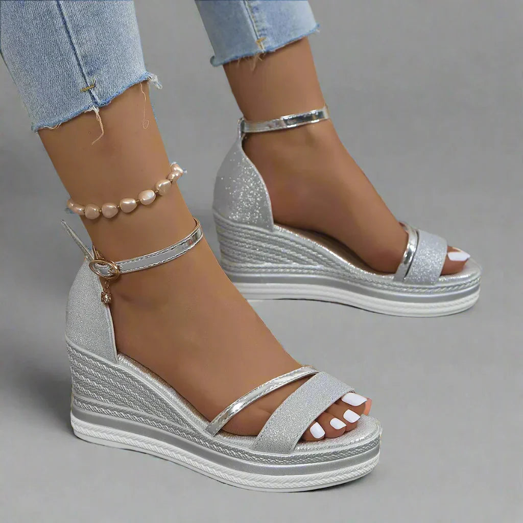 Women’s Sparkly Summer Wedge Sandals with Ankle Strap