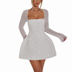 Women’s Square Neck Long-Sleeve Glitter Mini Dress