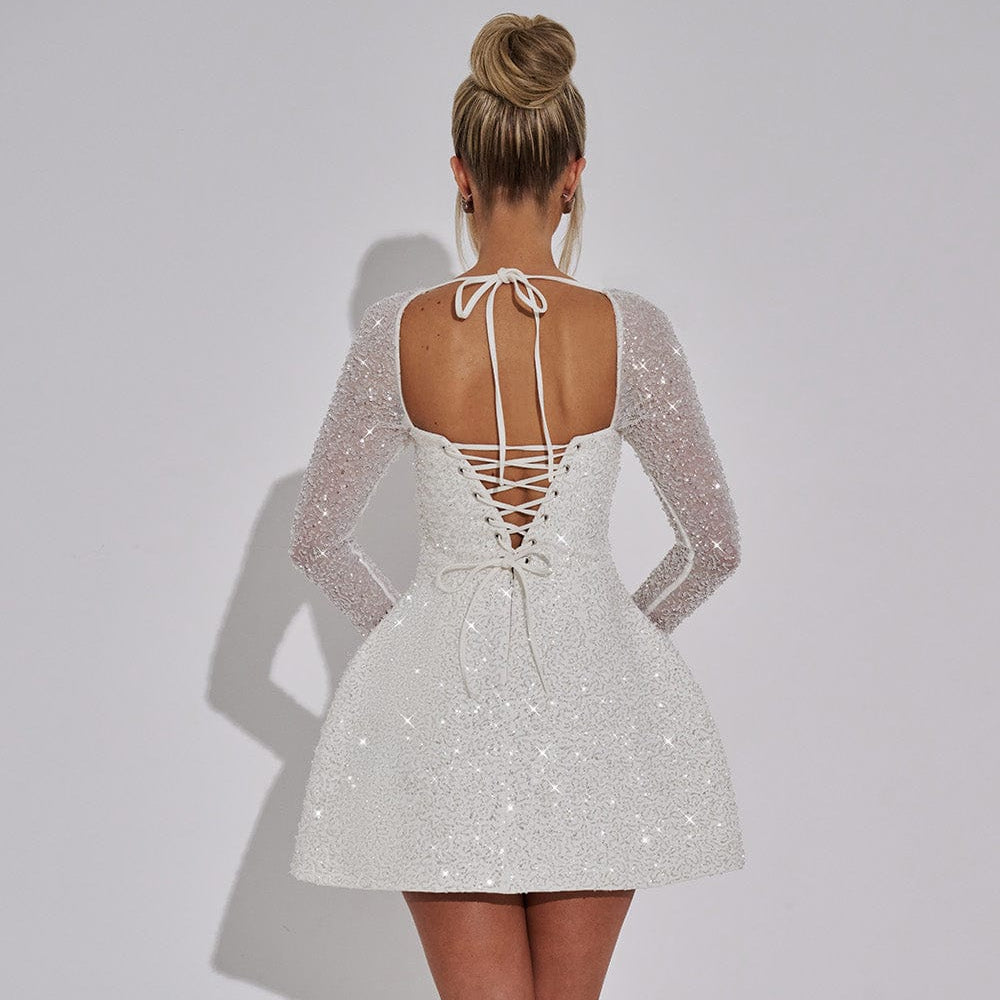 Women’s Square Neck Long-Sleeve Glitter Mini Dress