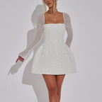 Women’s Square Neck Long-Sleeve Glitter Mini Dress