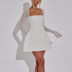Women’s Square Neck Long-Sleeve Glitter Mini Dress