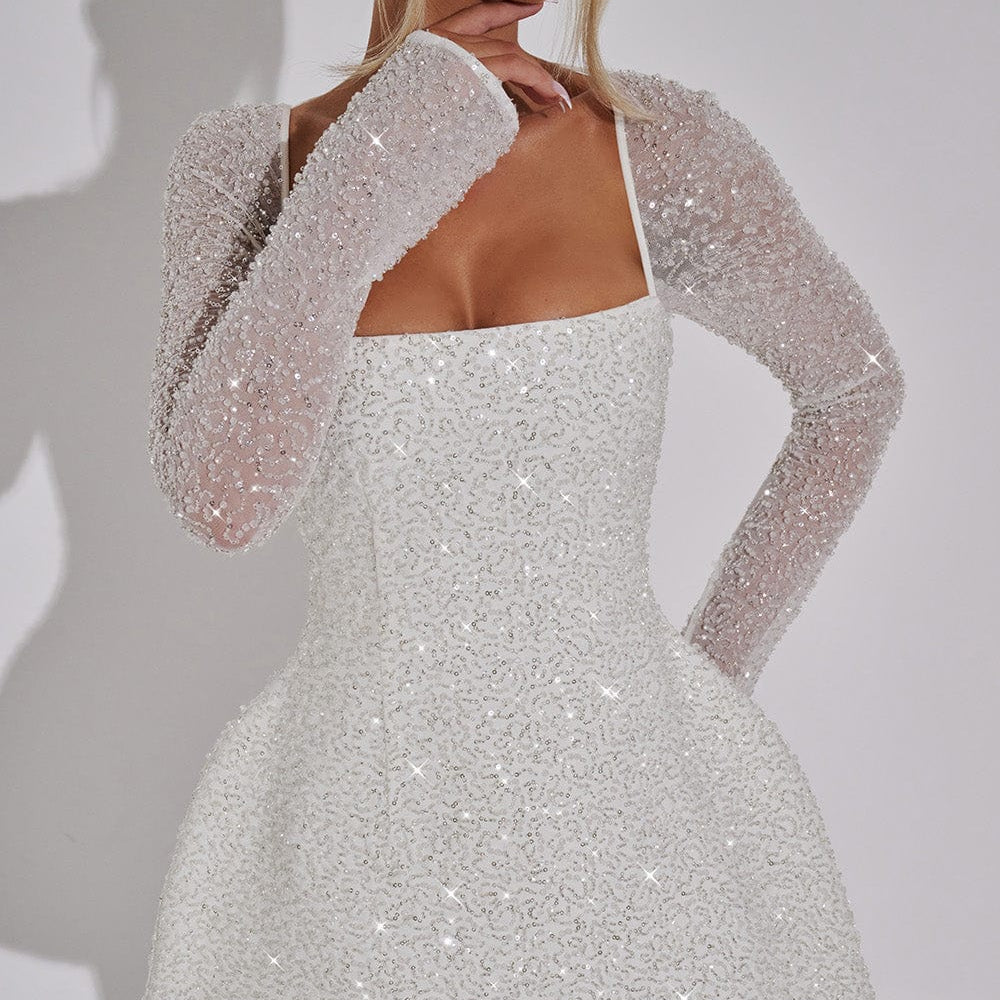 Women’s Square Neck Long-Sleeve Glitter Mini Dress