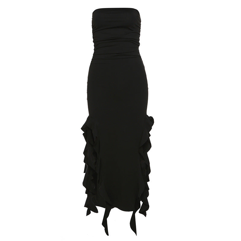Women’s Strapless Cocktail Midi Dress with Asymmetric Ruffle Hem