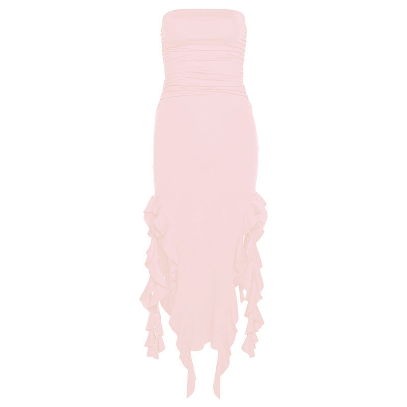 Women’s Strapless Cocktail Midi Dress with Asymmetric Ruffle Hem