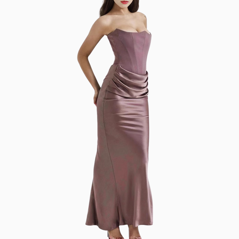 Women’s Strapless Corset Bodycon Maxi Dress with Draped Hip